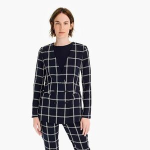 J Crew French Girl Windowpane Crepe Blazer long sleeve collarless navy blue